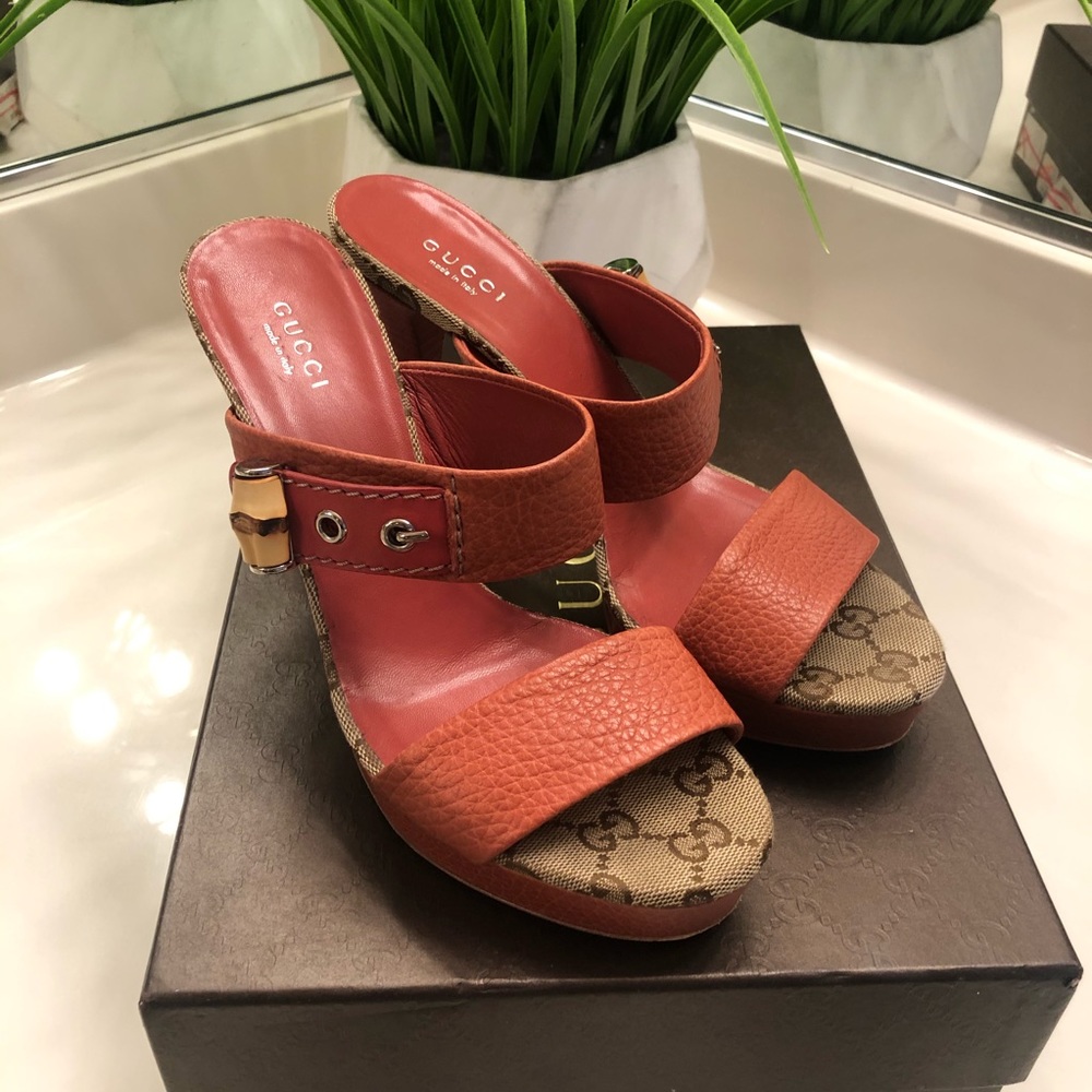 Gucci bamboo GG canvas mid-heel slide sandal